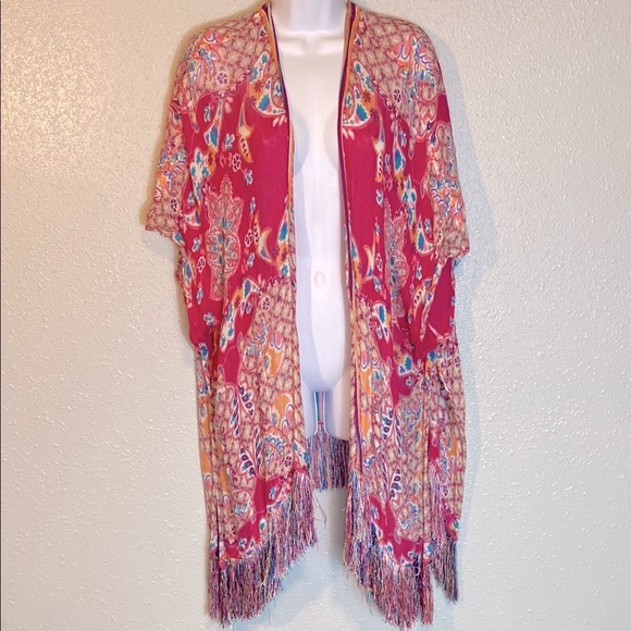 Chico's Blue and Pink Kimono with Fringe Detail - Picture 2 of 14